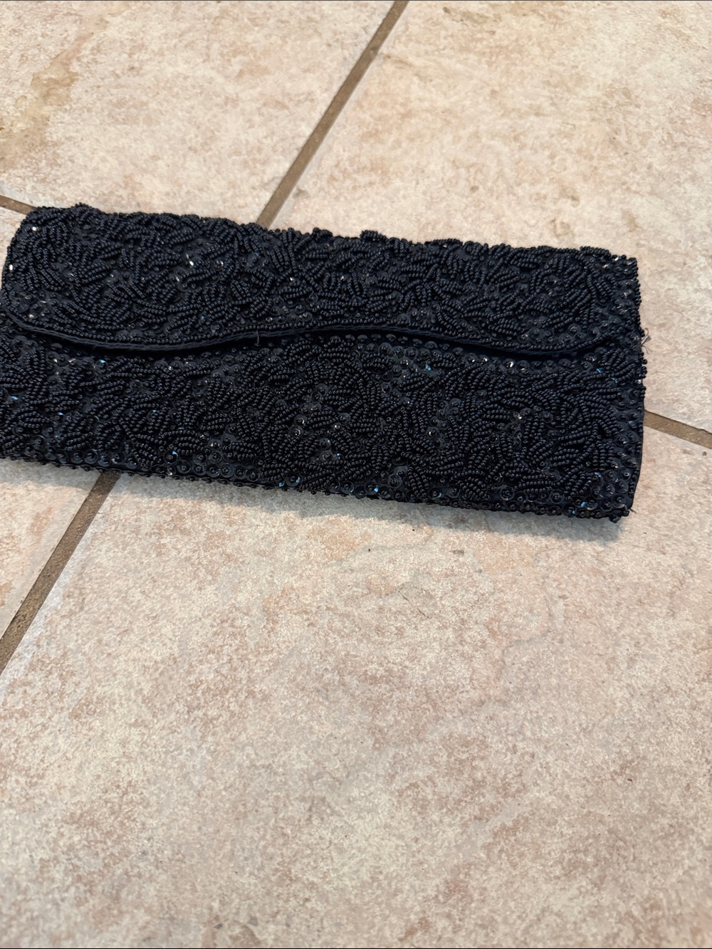 Black Beaded Evening Clutch with Fold-Over Flap